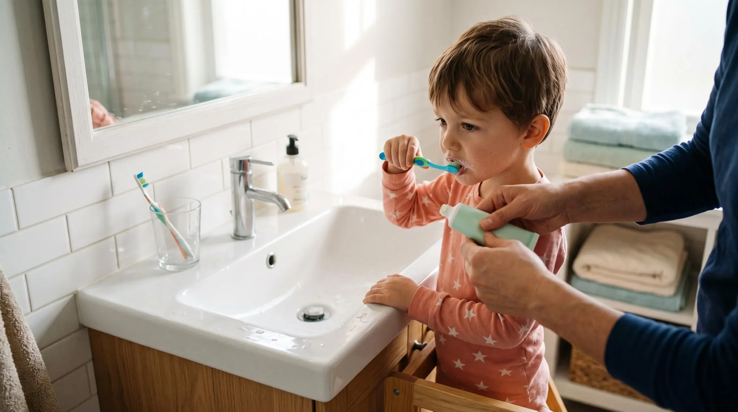 Un enfant se brosse les dents sur un marchepied pendant qu'un parent applique du dentifrice pour enfant sur sa brosse.