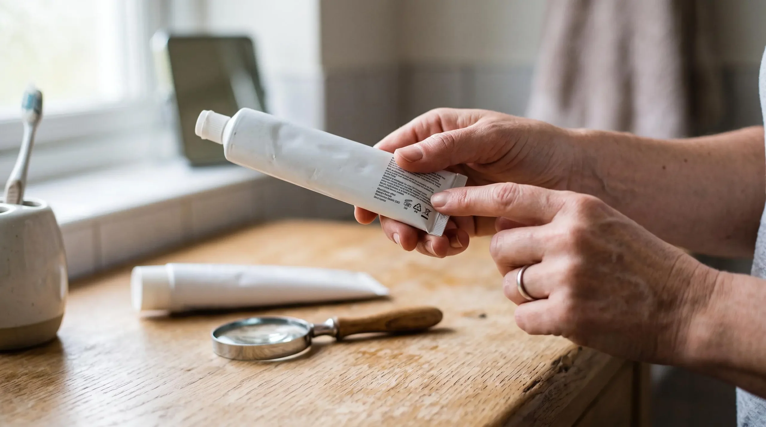 Gros plan sur des mains examinant la face arrière d'un tube de dentifrice sans marque posé sur un plan de salle de bain.